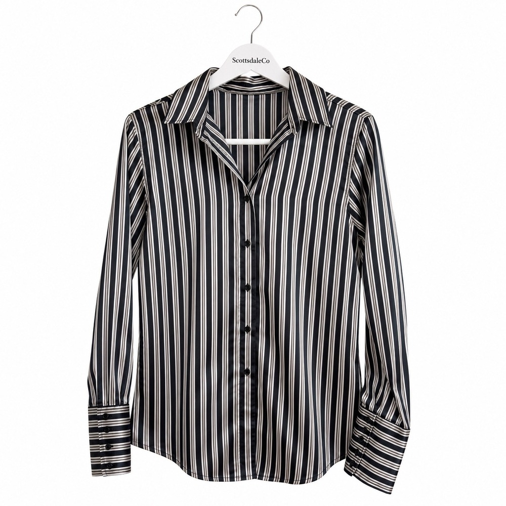 Zara Basic Striped Satin Stretch Button Down Shirt Womens S Black White Office - Picture 4 of 10